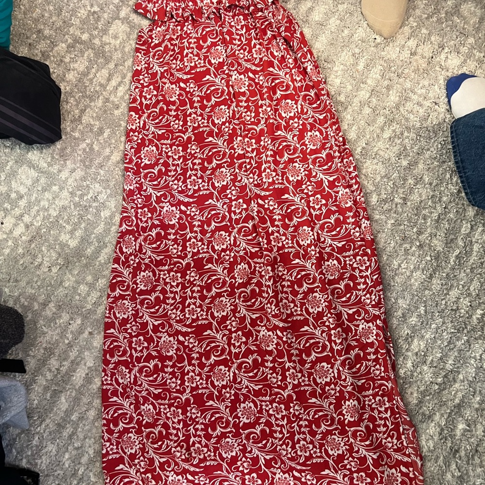 LOFT Red and White Patterned Maxi Skirt